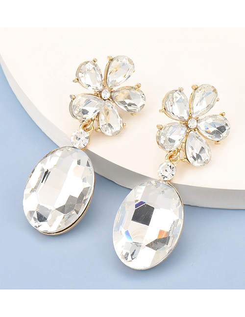 Fashion White Alloy Inlaid Glass Diamond Flower Pendant Earrings