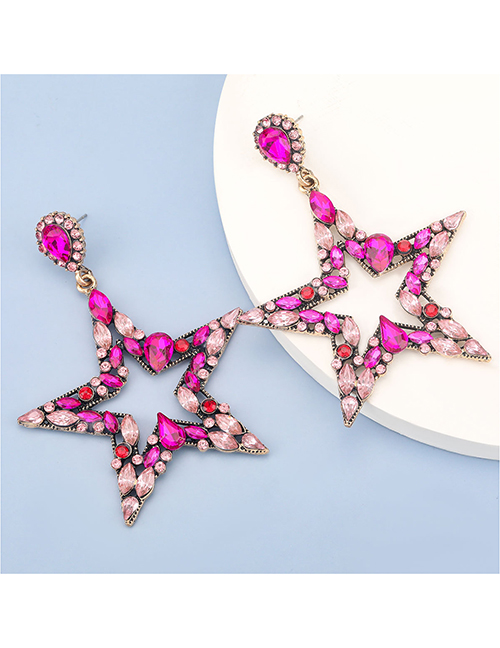 Fashion Rose Red Alloy Diamond Five-pointed Star Hollow Earrings