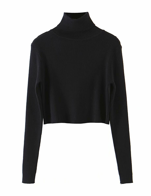 Fashion Black Turtleneck Cardigan Contrast Knit Pullover