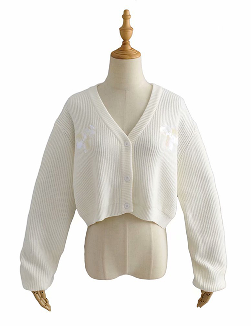 Fashion White V-neck Cardigan Beaded Knit Sleeve Bottoming Sweater