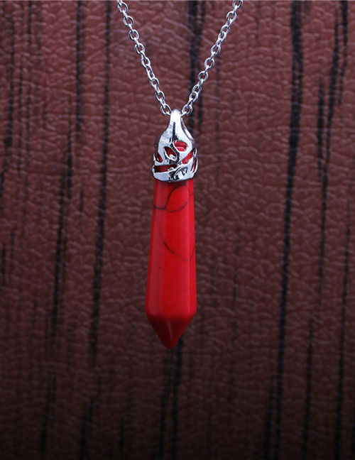 Fashion Red Turquoise Stainless Steel Chain Turquoise Hexagonal Pillar Pendant Necklace