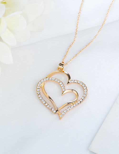 Fashion Golden Double Layer Diamond Big Love Alloy Necklace