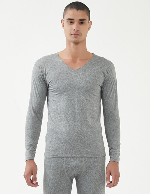 Fashion Light Gray V-neck Thin Fleece Mens Seamless Thermal Underwear Suit