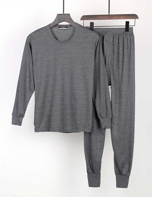 Fashion Dark Gray Round Neck Thin Slim-fit Mens Thermal Underwear Set