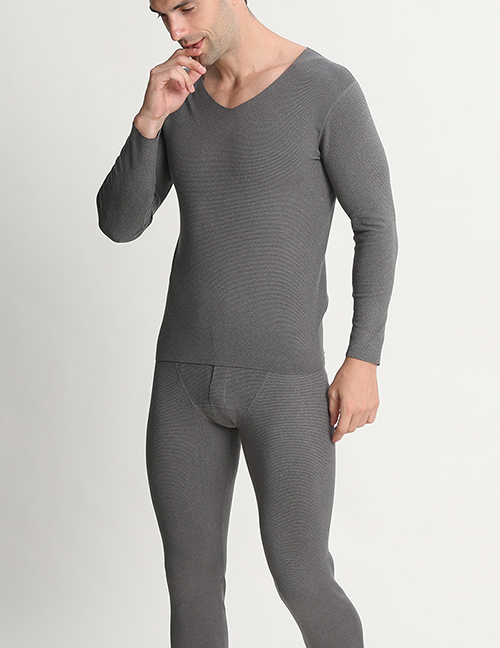 Fashion Light Gray Fleece V-neck Double-sided Brushed Mens Seamless Thermal Underwear Set