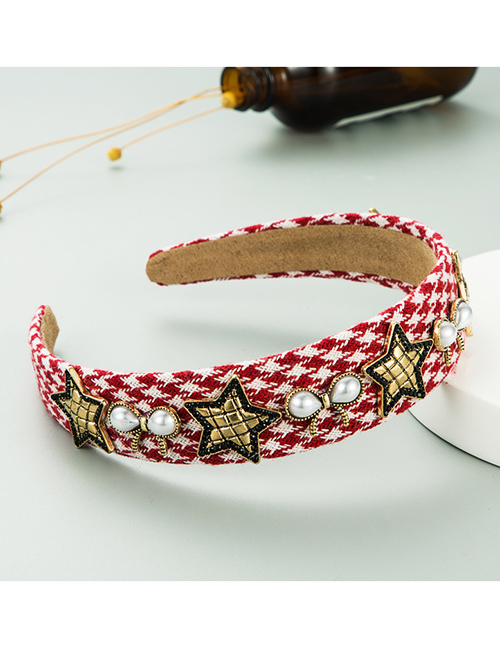 Fashion Red Knitted Fabric Diamond Five-pointed Star Alloy Inlaid Pearl Headband