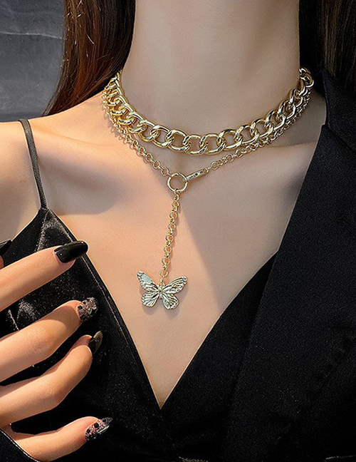 Fashion Golden Double Thick Chain Butterfly Pendant Necklace