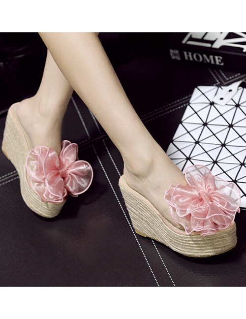 Fashion Pink Large Bow Transparent Wedge Heel Platform High Heel Open-toed Sandals And Slippers