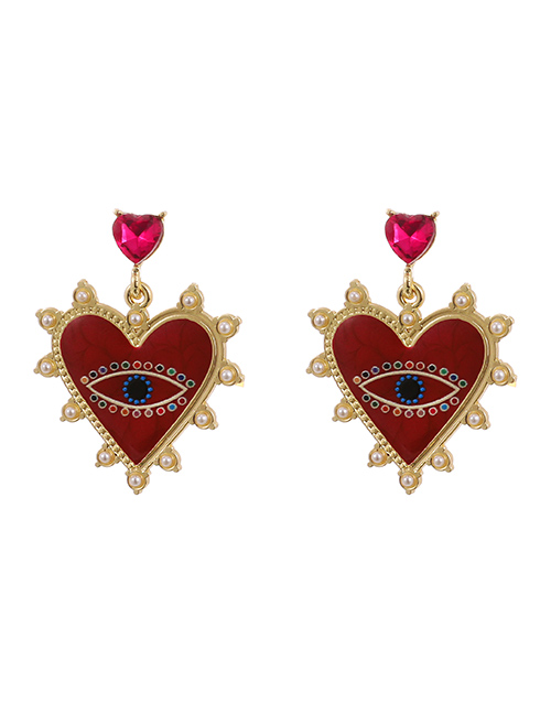 Fashion Red Alloy Diamond Pearl Love Eye Stud Earrings