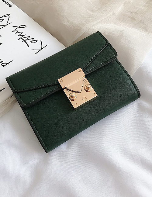 Fashion Dark Green Three-fold Card Slot Buckle Lacquered Edge Wallet