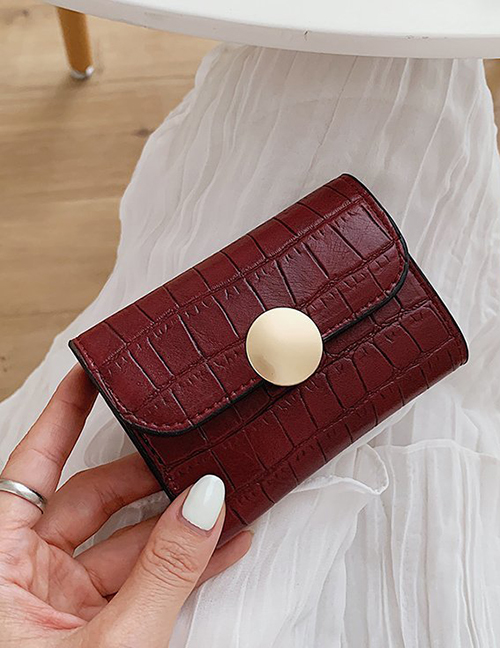 Fashion Red Wine Stone Pattern Flap Lock Short Wallet