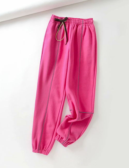 Fashion Rose Red Reflective Strip Stitching Contrast Color Drawstring Elastic Waist Bungee Pants