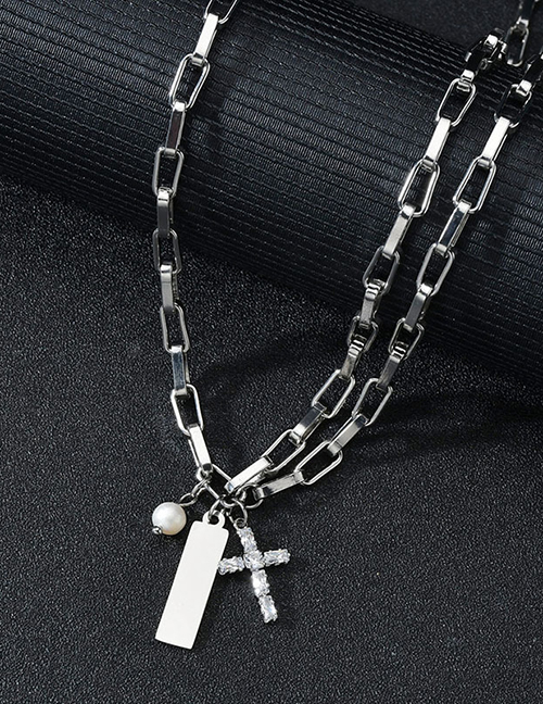 Fashion Steel Color Cross Inlaid Zircon Titanium Steel Double Necklace