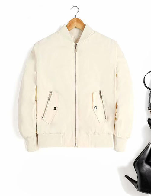 Fashion Off-white Pure Color Zipper Short Jacket Cotton Baseball Uniform
