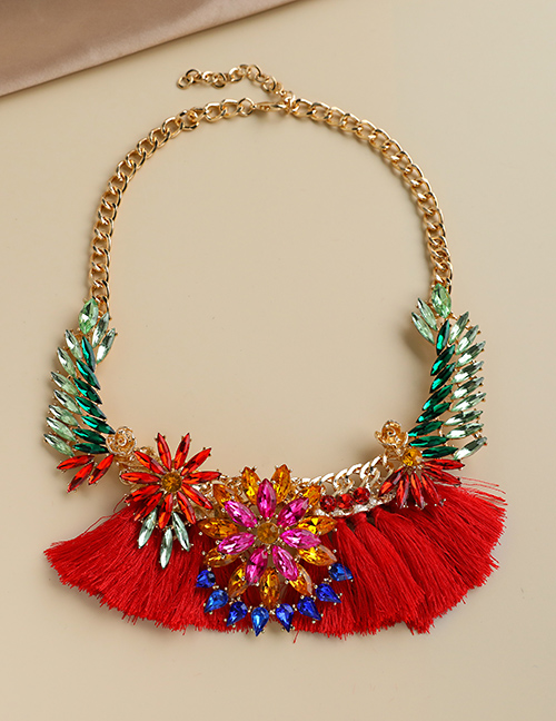 Fashion Red Alloy Diamond Drop Flower Tassel Necklace