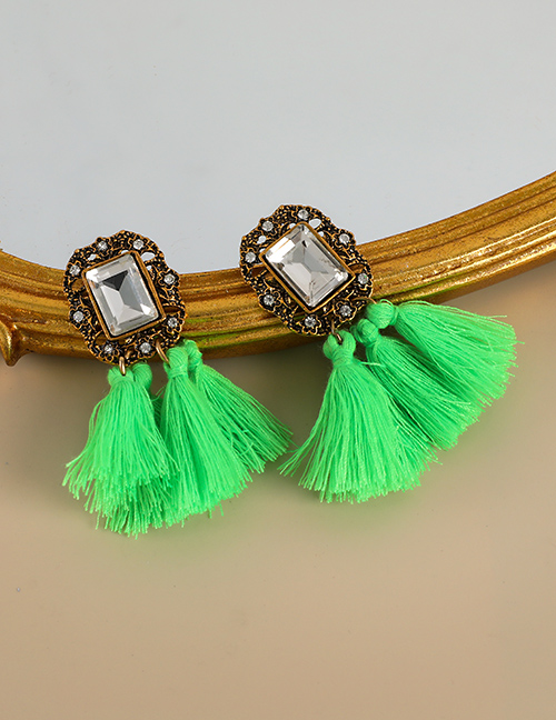 Fashion Fluorescent Green Alloy Diamond Square Cotton Thread Tassel Earrings