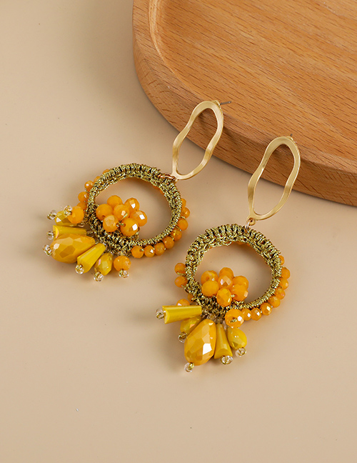 Fashion Yellow Hand-woven Rice Beads Geometric Fan-shaped Earrings