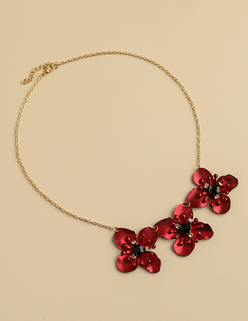 Fashion Red Alloy Diamond Flower Necklace