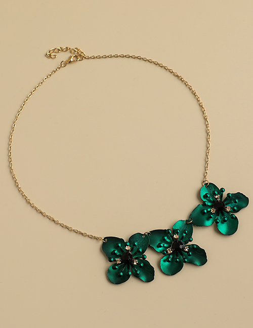 Fashion Green Alloy Diamond Flower Necklace