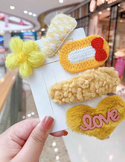 Fashion Ginger Yellow Heart 5-piece Set Plush Bowknot Woolen Knitted Flower Geometric Shape Childrens Hairpin