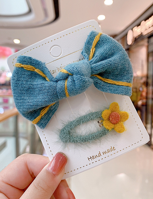 Fashion Blue Bow Hair Rope + Small Flower Hairpin Knitted Wool Bowknot Childrens Hairpin Hair Rope