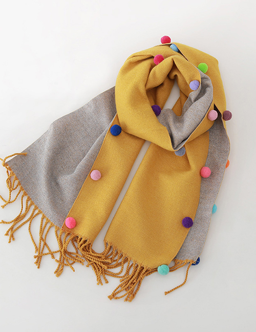 Fashion Yellow Color Matching Is Recommended For About 2-12 Years Old Ball Tassel Thickened Double-sided Cashmere Childrens Scarf