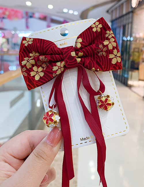 Fashion Burgundy Bell Bow Childrens Hairpin With Tassel Bow Knit Alloy