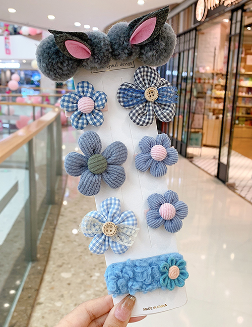 Fashion Blue Bunny 9 Piece Set Flower Love Rabbit Plaid Geometric Shape Childrens Hairpin