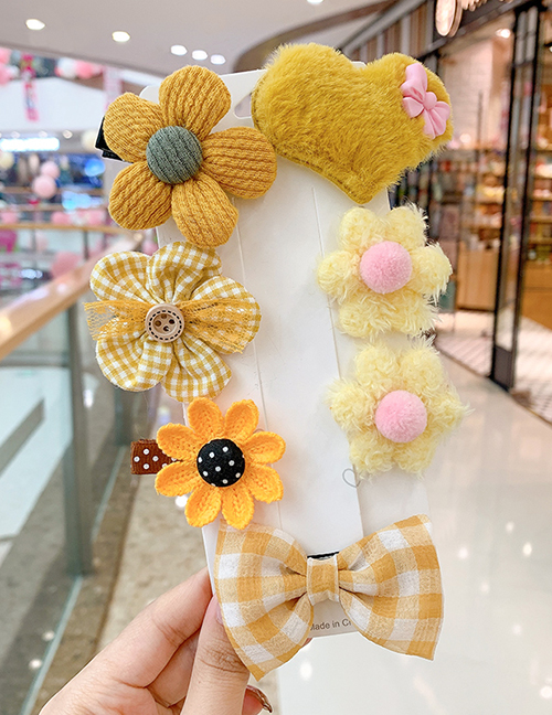 Fashion 7-piece Set Of Yellow Love Flowers Flower Love Rabbit Plaid Geometric Shape Childrens Hairpin