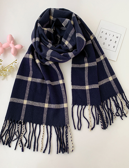 Fashion Blue Large Grid Fleece Over 2 Years Old Check Cashmere Fringed Children Scarf
