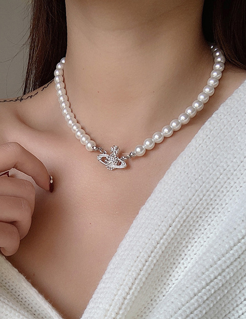 Fashion White Pearl Full Diamond Planet Alloy Necklace