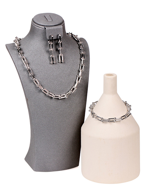 Fashion B White Gold Suit U-shaped Stitching Thick Chain Necklace Set Bracelet And Earrings