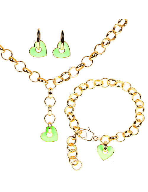 Fashion Fluorescent Green Suit Drop Oil Thick Chain Love Earrings Necklace Bracelet Set