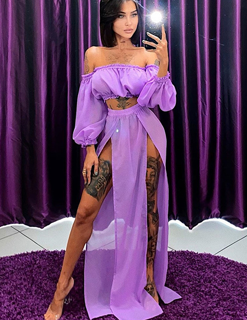 Fashion Purple Solid Color Long-sleeved Veil Split Swimsuit With Wooden Ears