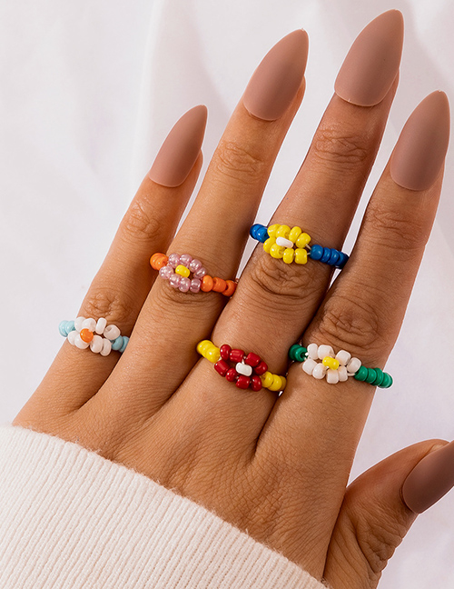 Fashion Color Mixing Flower Woven Rice Bead Beaded Contrast Ring Set