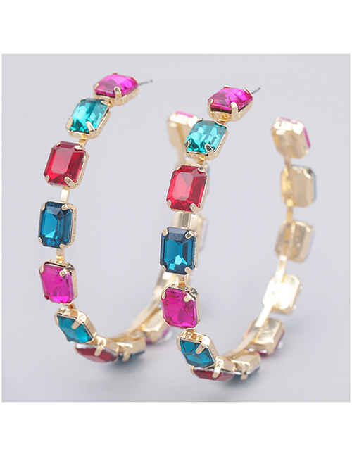 Fashion Red Color Alloy Inlaid Square Glass Diamond Circle Earrings