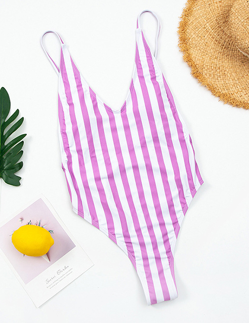 Fashion Purple Striped Open Back One-piece Swimsuit