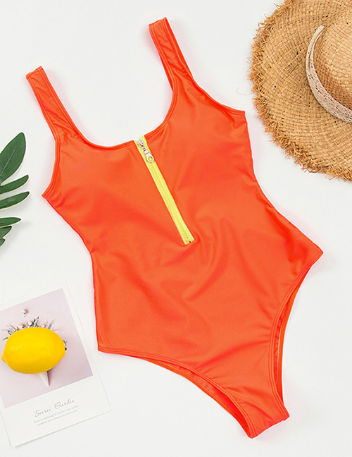 Fashion Orange Solid Color Open Back Zipper One-piece Swimsuit