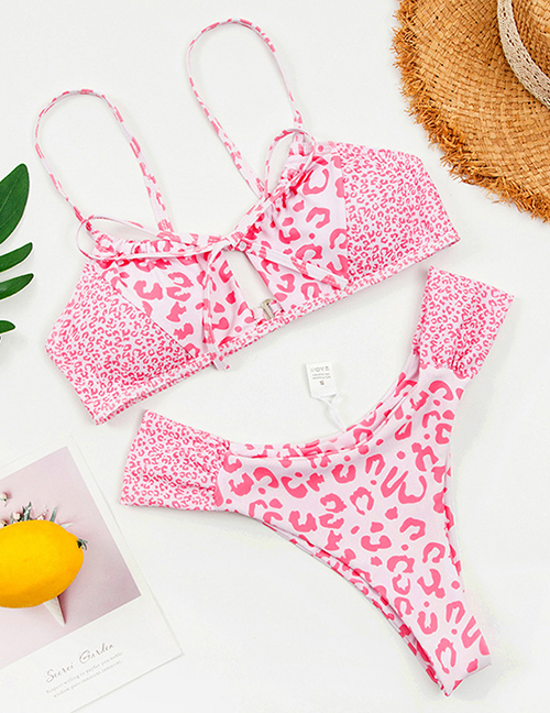 Fashion Pink Lace-up Leopard Dot Print Swimsuit
