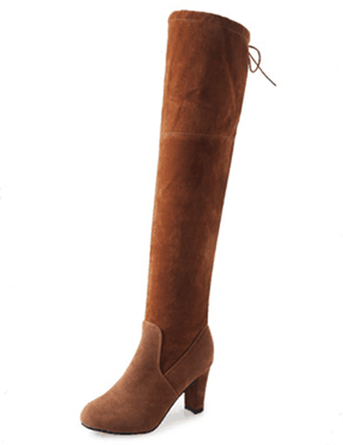 Fashion Brown Suede Pointed Toe Over The Knee High Chunky Heel Boots