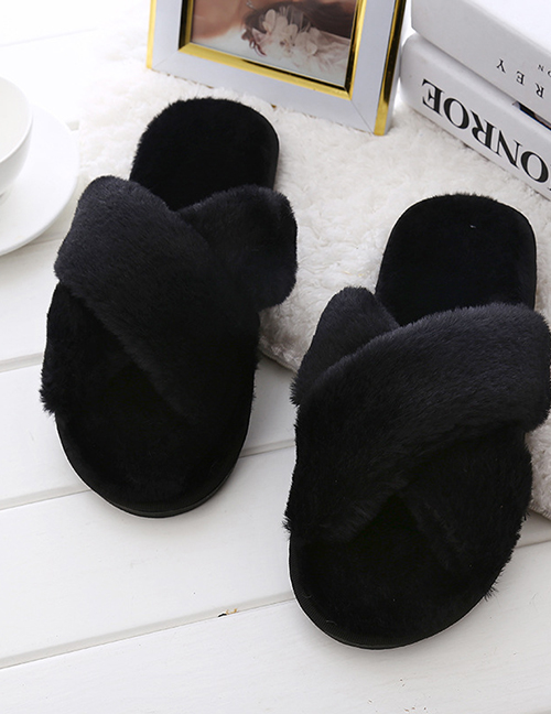 Fashion Black Cross Imitation Rabbit Fur Flat Non-slip Slippers