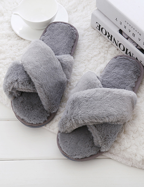 Fashion Gray Cross Imitation Rabbit Fur Flat Non-slip Slippers