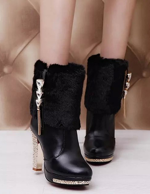 Fashion Black Platform High-heeled Rhinestone Pointed Toe Plush Boots