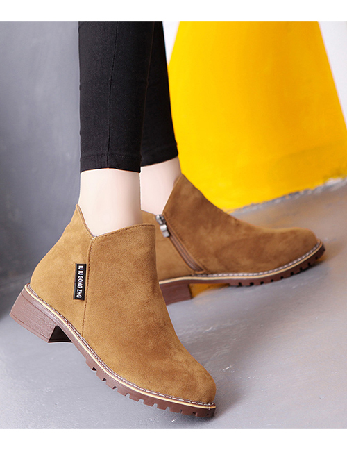 Fashion Brown Frosted Low Heel Non-slip Side Zip Short Boots