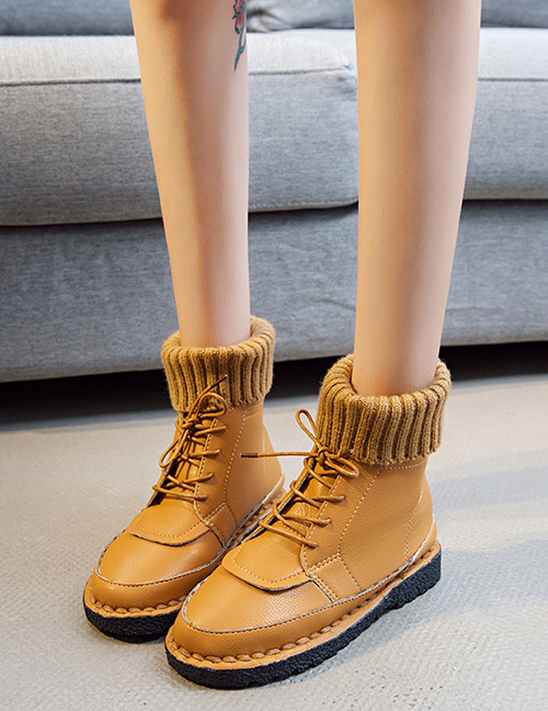 Fashion Yellow Round Toe Flat-bottomed Non-slip Lace-up Warm Wool Booties