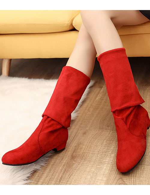 Fashion Red Round-toed Suede Non-slip Over The Knee Boots