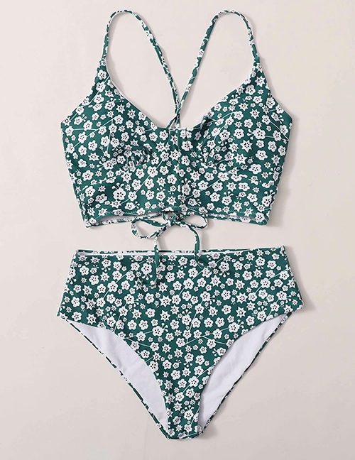 Fashion Green High-waisted Floral Print Tie Split Swimsuit