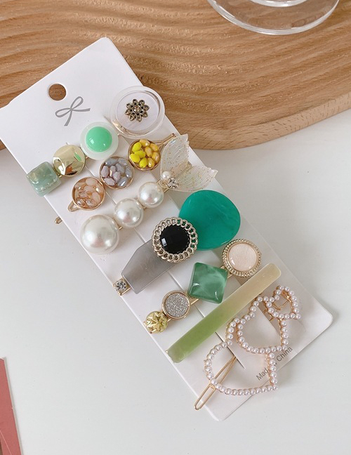 Fashion Green Card Set Pearl And Diamond Resin Alloy Geometric Hairpin Set