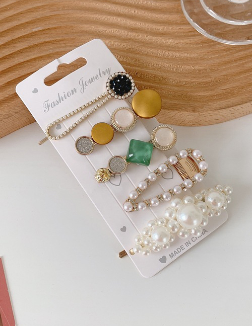 Fashion Green Card Set Pearl And Diamond Resin Alloy Geometric Hairpin Set
