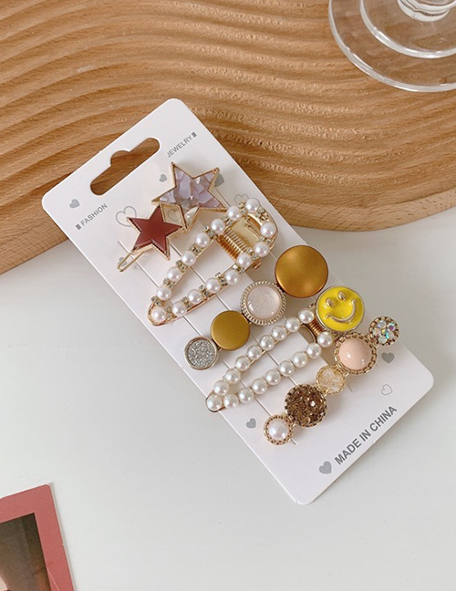 Fashion Yellow Card Set Pearl And Diamond Resin Alloy Geometric Hairpin Set